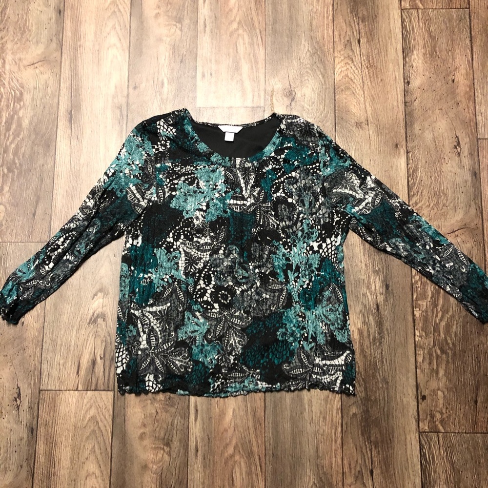 CJ Banks Green Black Floral Layered Blouse 1X Semi Sheer Lined Stretch Top - Picture 2 of 8